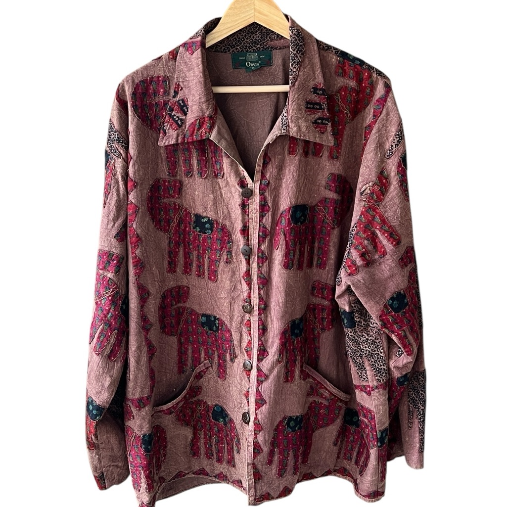 Orvis Vintage Xl Womens Brown Quilted Elephant Embroidered Patchwork Long Jacket